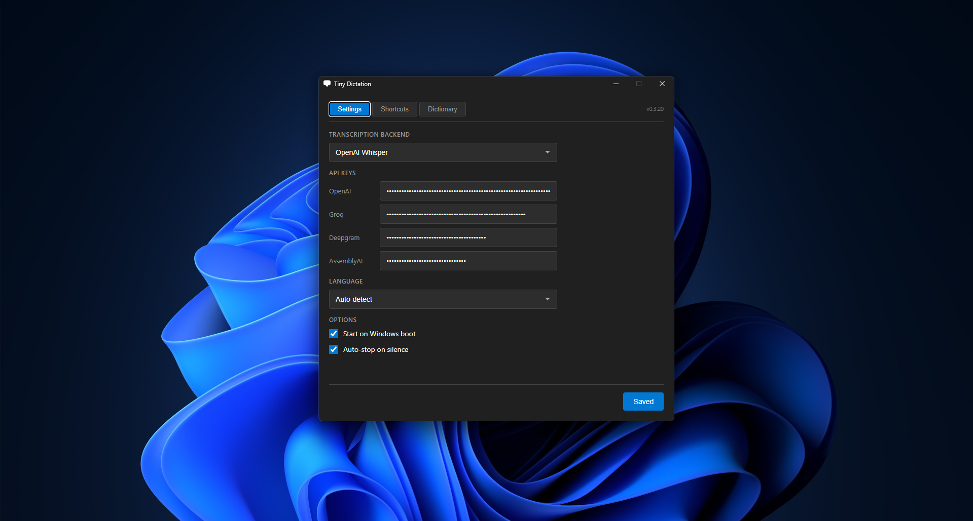 Tiny Dictation Settings